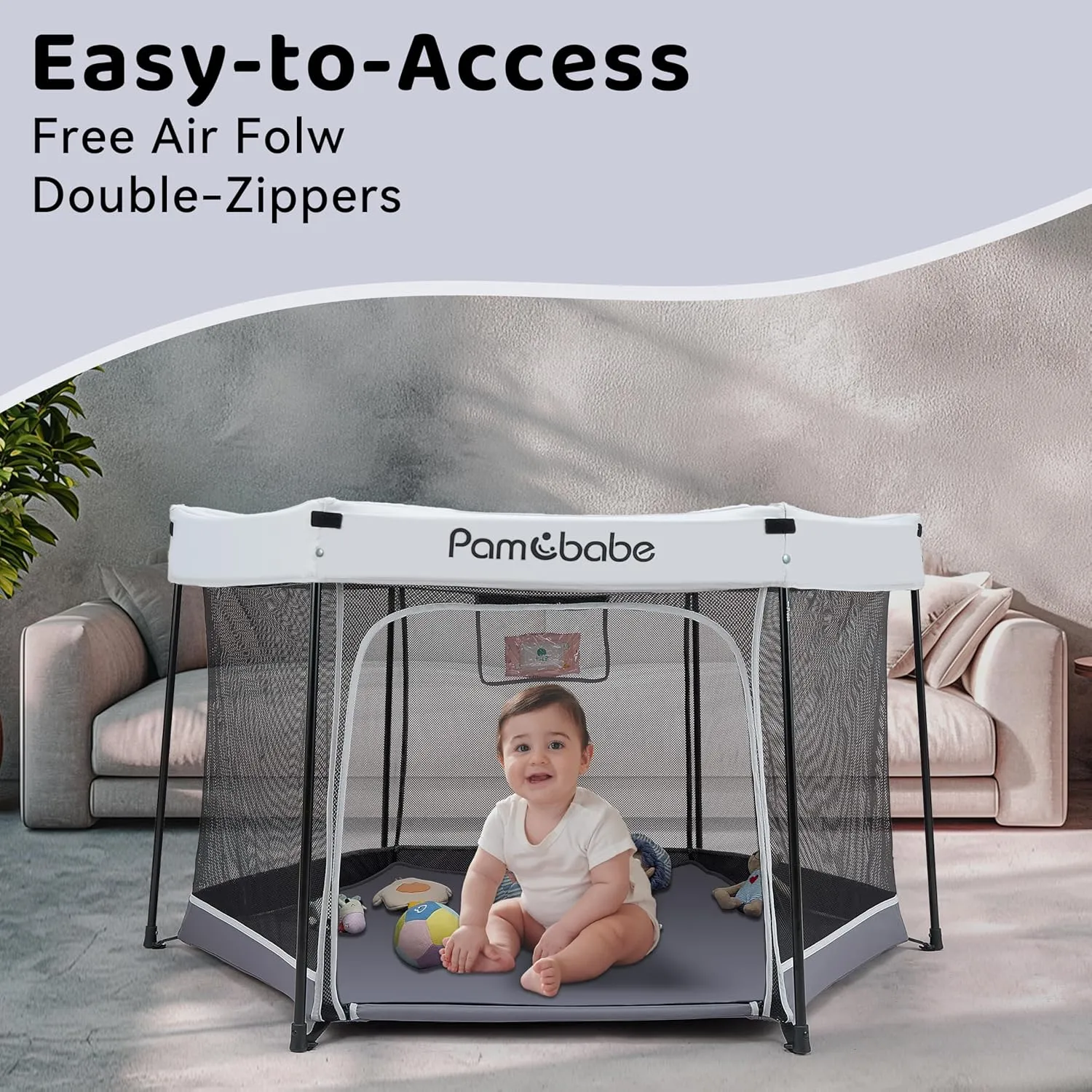 Pamo Babe Travel Playpen with Sun Protection Canopy - Play Yard for Babies and Toddlers - Baby Tent with Zipper Door