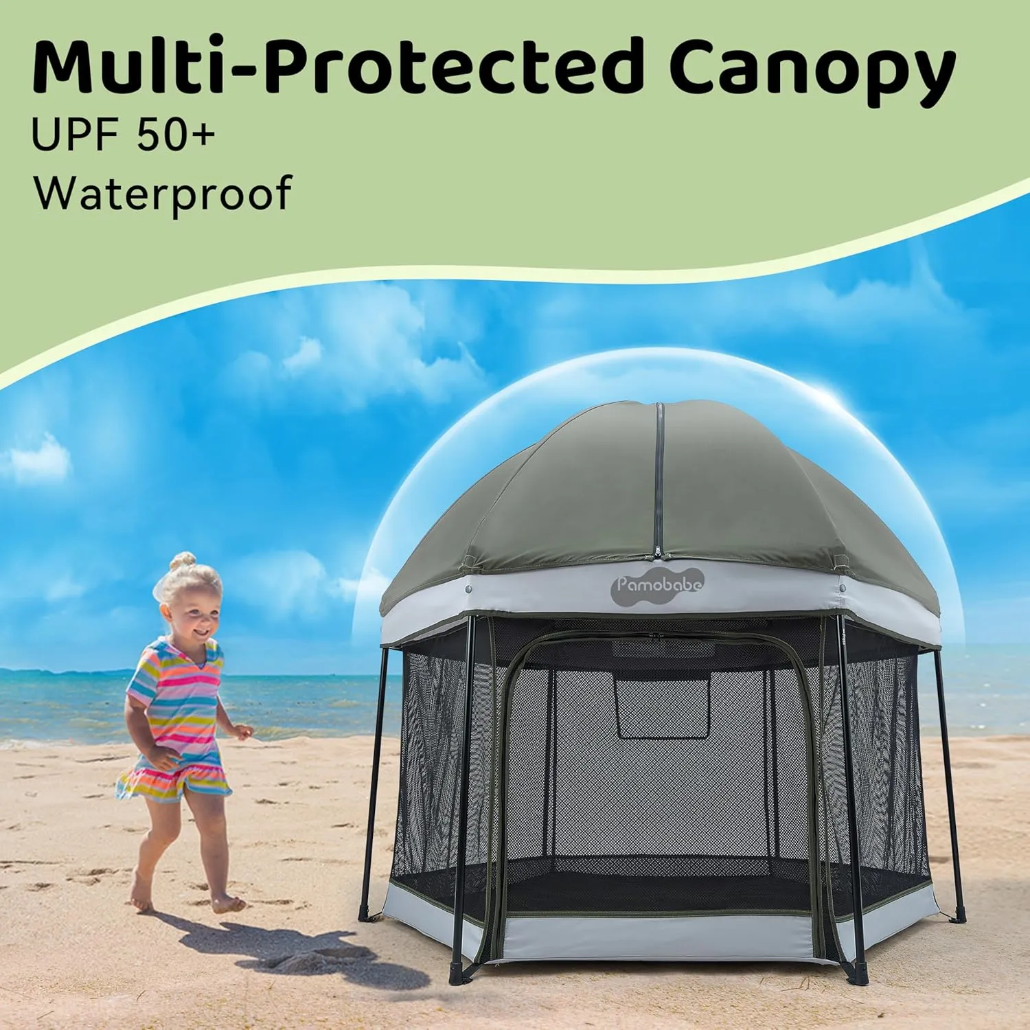 Pamo Babe Travel Playpen with Sun Protection Canopy - Play Yard for Babies and Toddlers - Baby Tent with Zipper Door