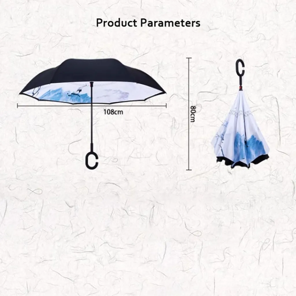 Paraguas Inverted Reverse Upside Down Umbrella Chinese Style Rain Umbrella w/C-Shaped Handle Double Canopy Vented Windproof Waterproof Stick Umbrella Sun and Rain Proof