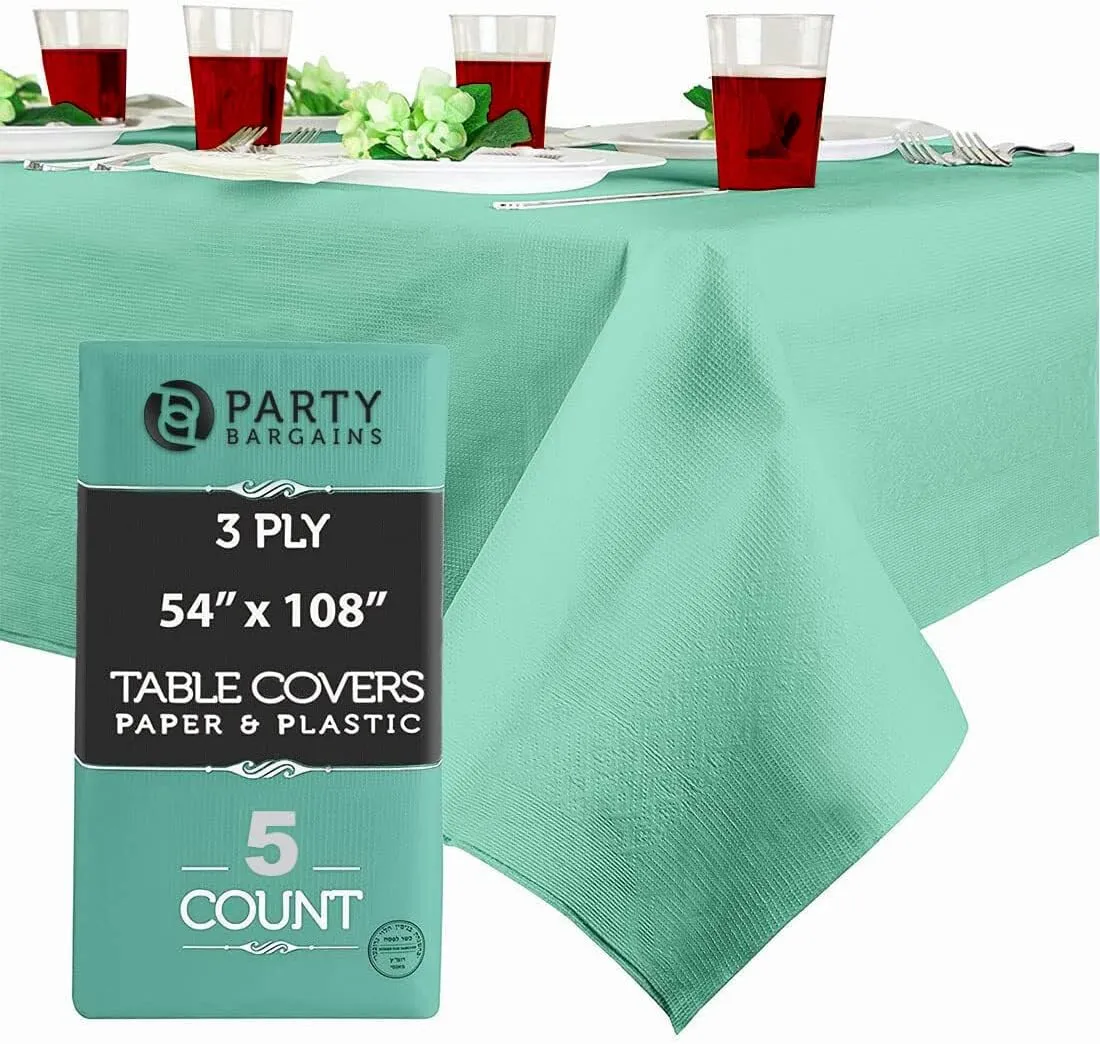 PARTY BARGAINS 5 Disposable Table Covers - 54" X 54" Mint Green Table Cover, 3 Ply Paper & Plastic Tablecloth