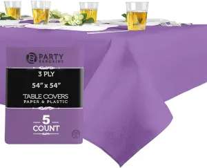 PARTY BARGAINS 5 Disposable Table Covers - 54" X 54" Purple Table Cover, 3 Ply Paper & Plastic Tablecloth