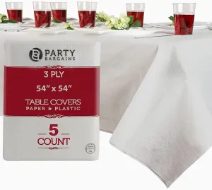PARTY BARGAINS 5 Disposable Table Covers - 54" X 54" White Table Cover, 3 Ply Paper & Plastic Tablecloth