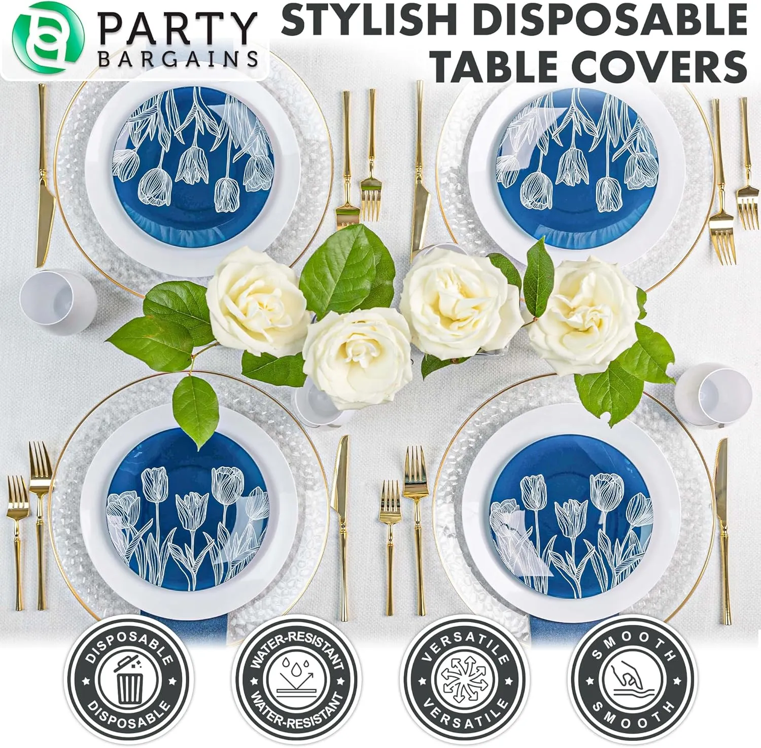 PARTY BARGAINS 5 Disposable Table Covers - 54" X 54" White Table Cover, 3 Ply Paper & Plastic Tablecloth