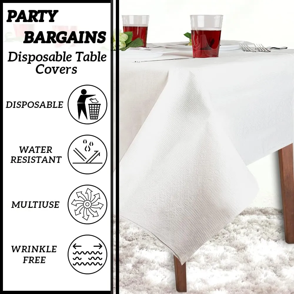 PARTY BARGAINS 5 Disposable Table Covers - 54" X 54" White Table Cover, 3 Ply Paper & Plastic Tablecloth