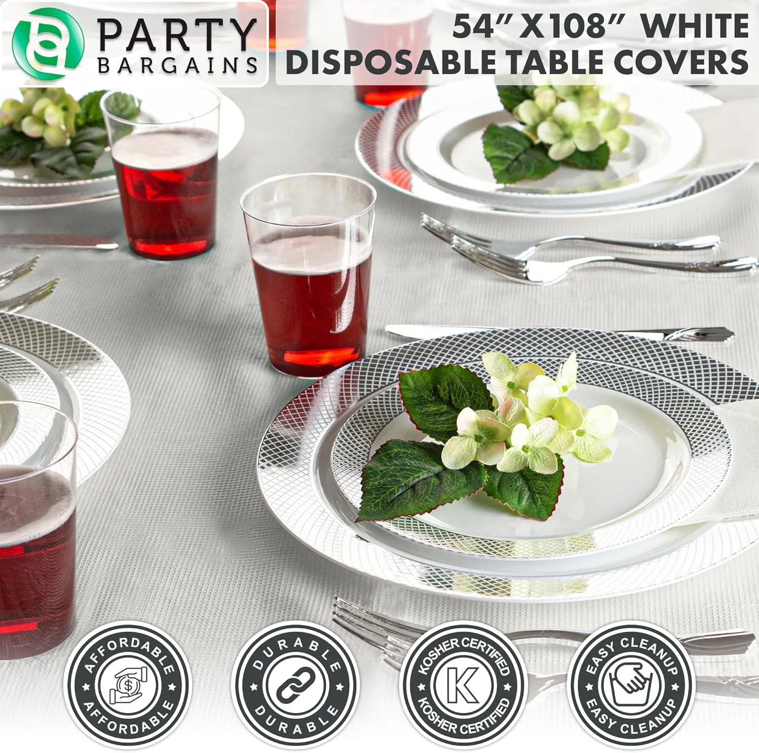 PARTY BARGAINS 5 Disposable Table Covers - 54" X 54" White Table Cover, 3 Ply Paper & Plastic Tablecloth