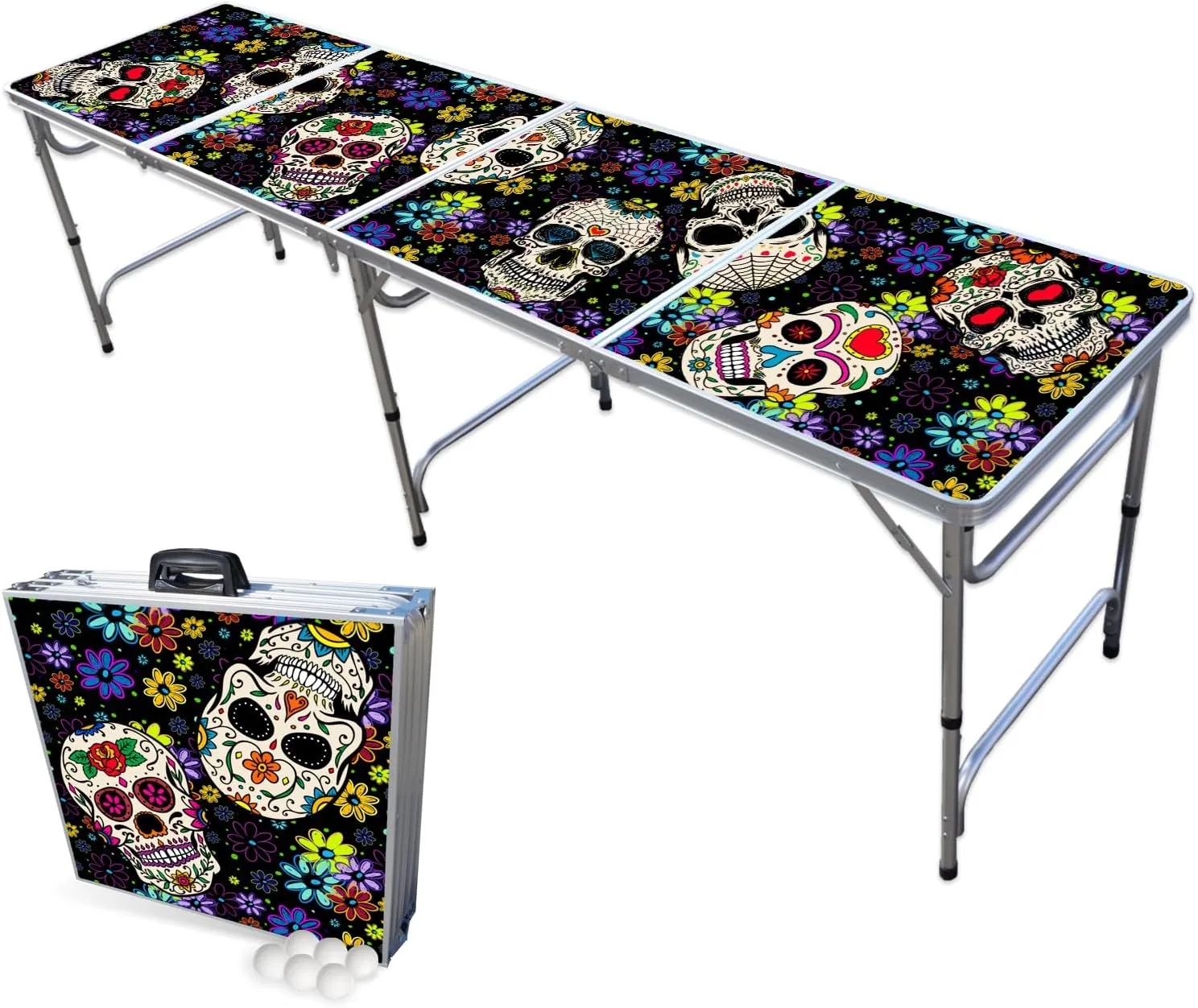 PARTYPONG 8-Foot Folding Beer Pong Table - Dia de Los Muertos Edition (Base Model)