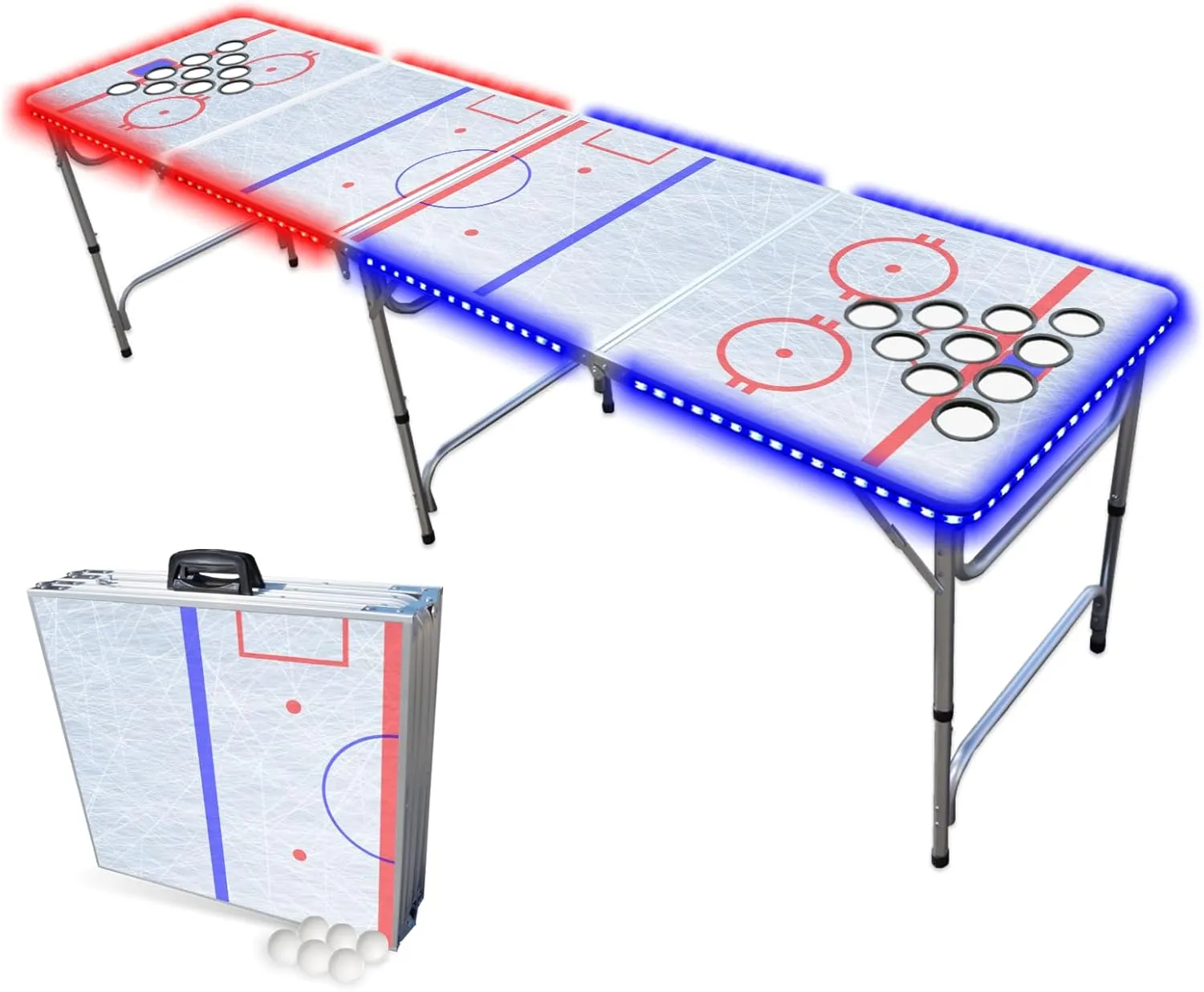 PARTYPONG 8-Foot Folding Beer Pong Table w/Cup Holes & LED Lights - Hockey Rink Edition