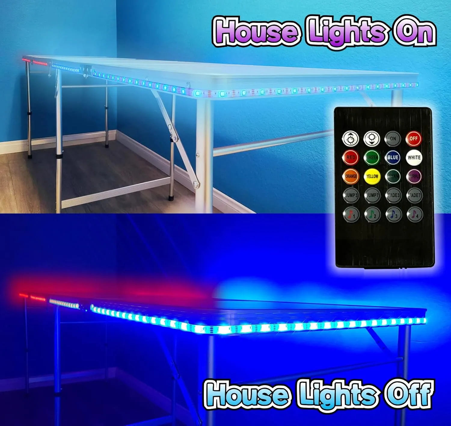 PARTYPONG 8-Foot Folding Beer Pong Table w/Cup Holes & LED Lights - Hockey Rink Edition
