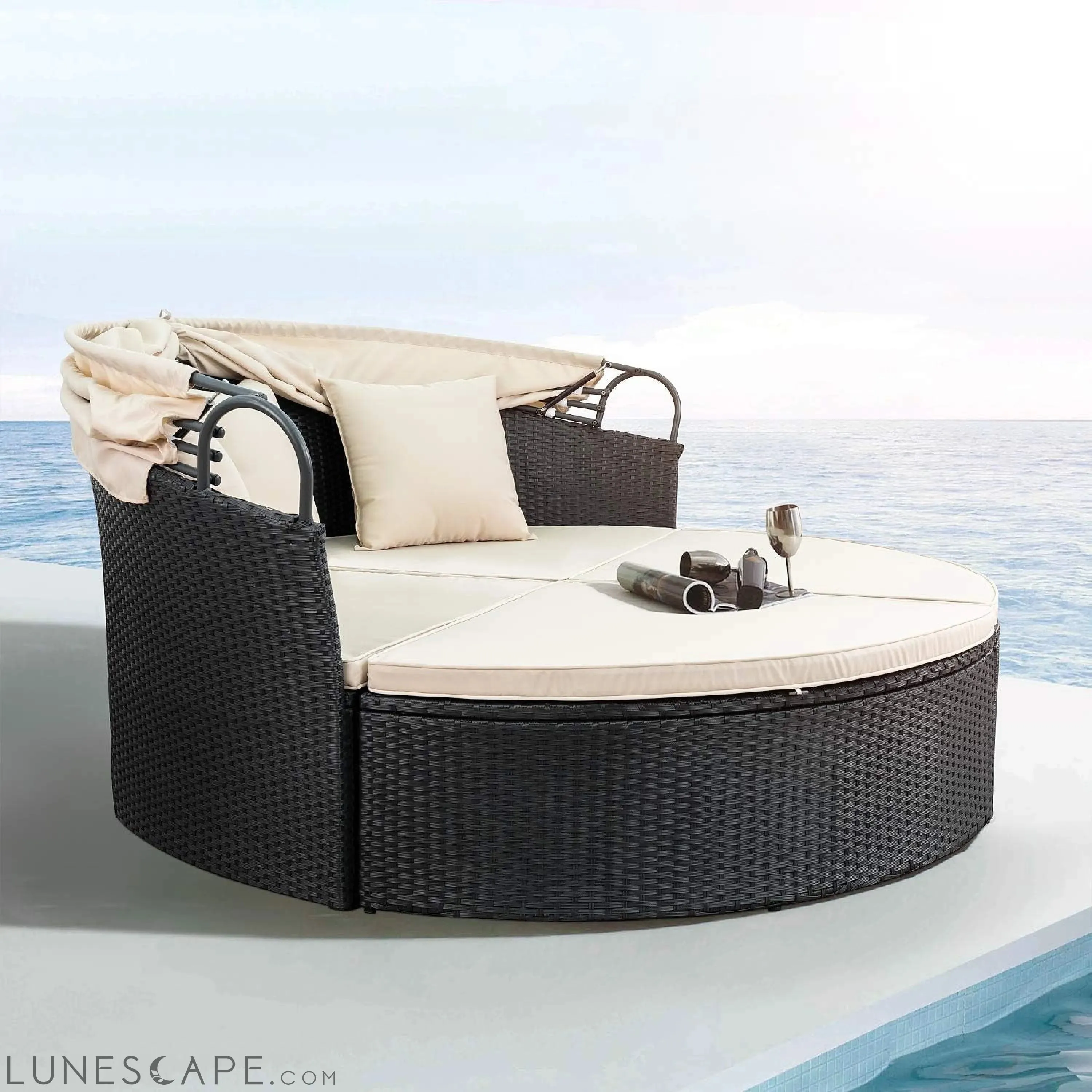 Patio Furniture Outdoor round Daybed with Retractable Canopy Wicker