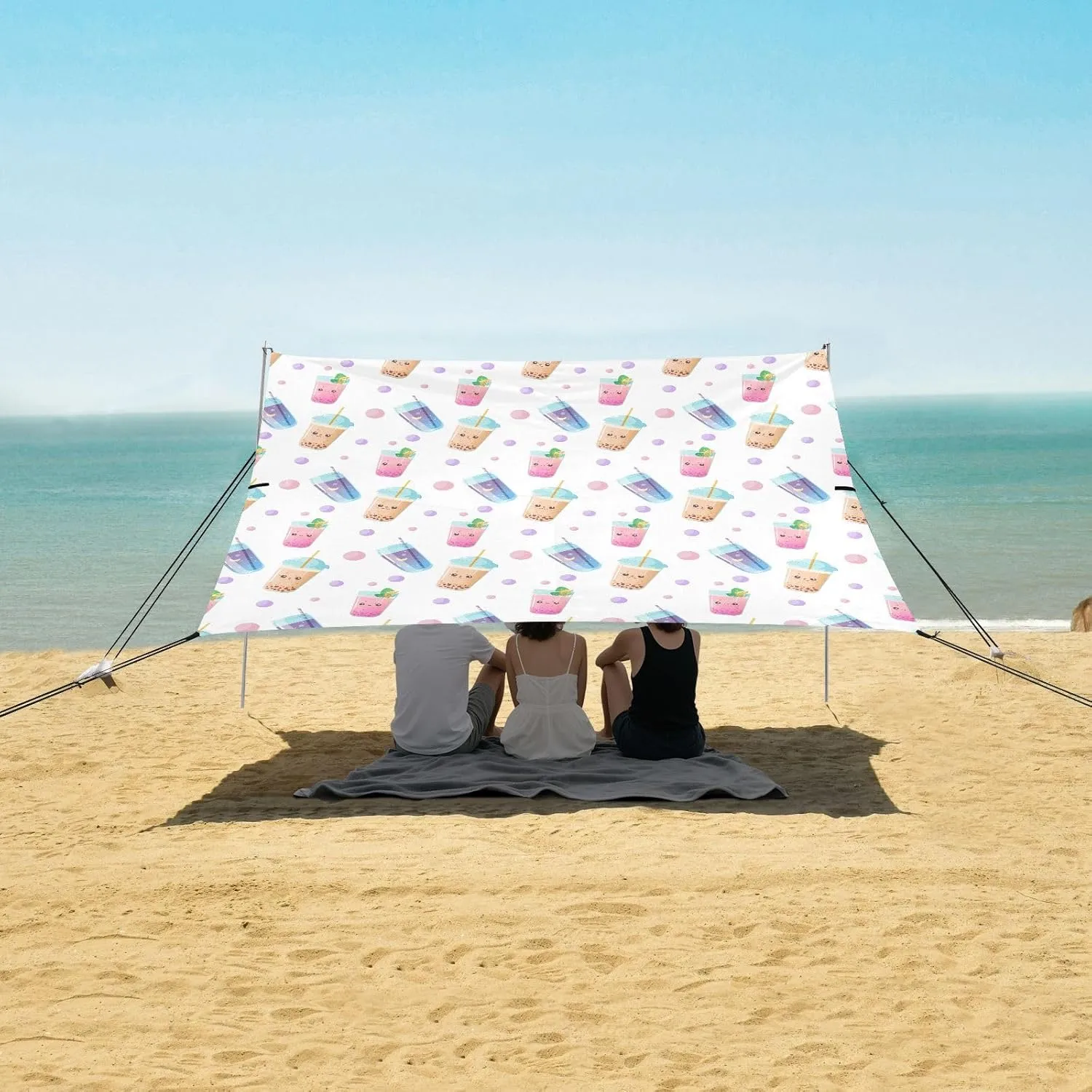 Pattern of Kawaii Bubble Tea Beach Canopy Tent Anti-UV & Wind Resistant, Camping Sun Shelter Easy Setup Portable,Outdoor Shade Tents with Sandbags,Sand Shovels,Ground Pegs & Stability Poles