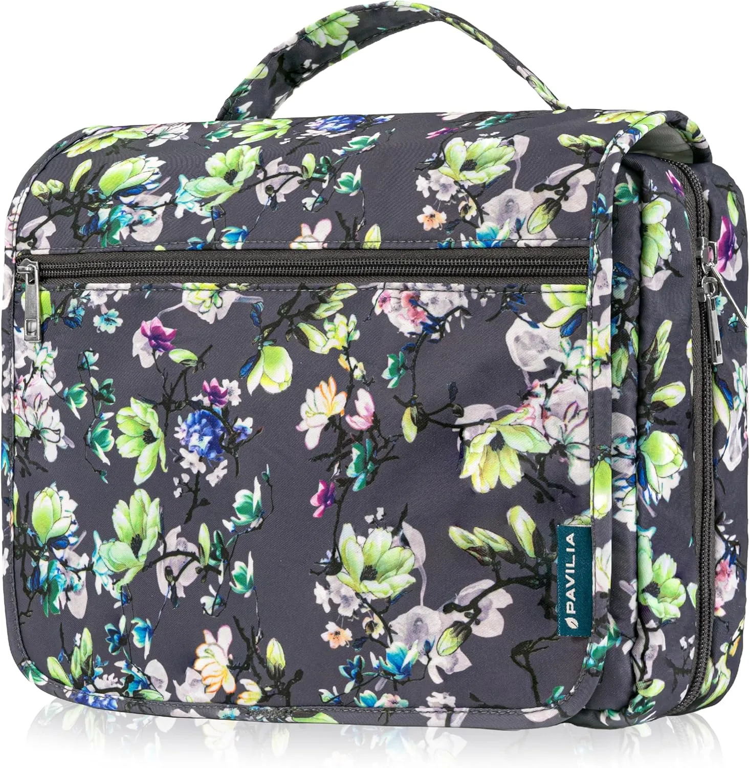 PAVILIA Hanging Toiletry Bag Women Men, Foldable Cosmetic Organizer Travel Bag, Water Resistant Makeup Bag Toiletries, Large Travel Essentials Kit (Grey Floral)