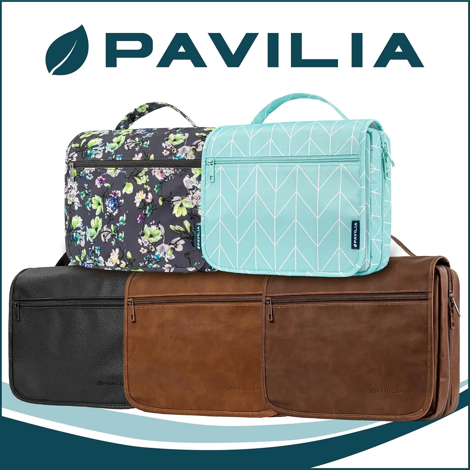 PAVILIA Hanging Toiletry Bag Women Men, Foldable Cosmetic Organizer Travel Bag, Water Resistant Makeup Bag Toiletries, Large Travel Essentials Kit (Grey Floral)