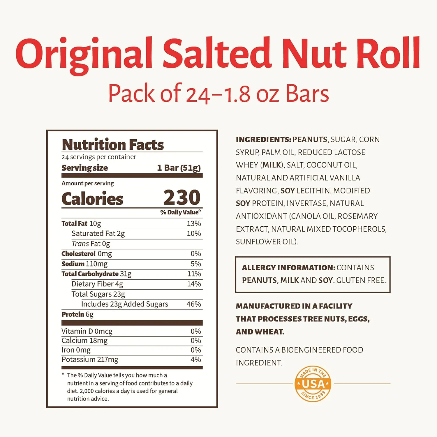 Pearson's Original Salted Nut Roll | Peanut, Caramel, Nougat Candy | 24 Full- Size Candy Bars |Bulk, Individually Wrapped
