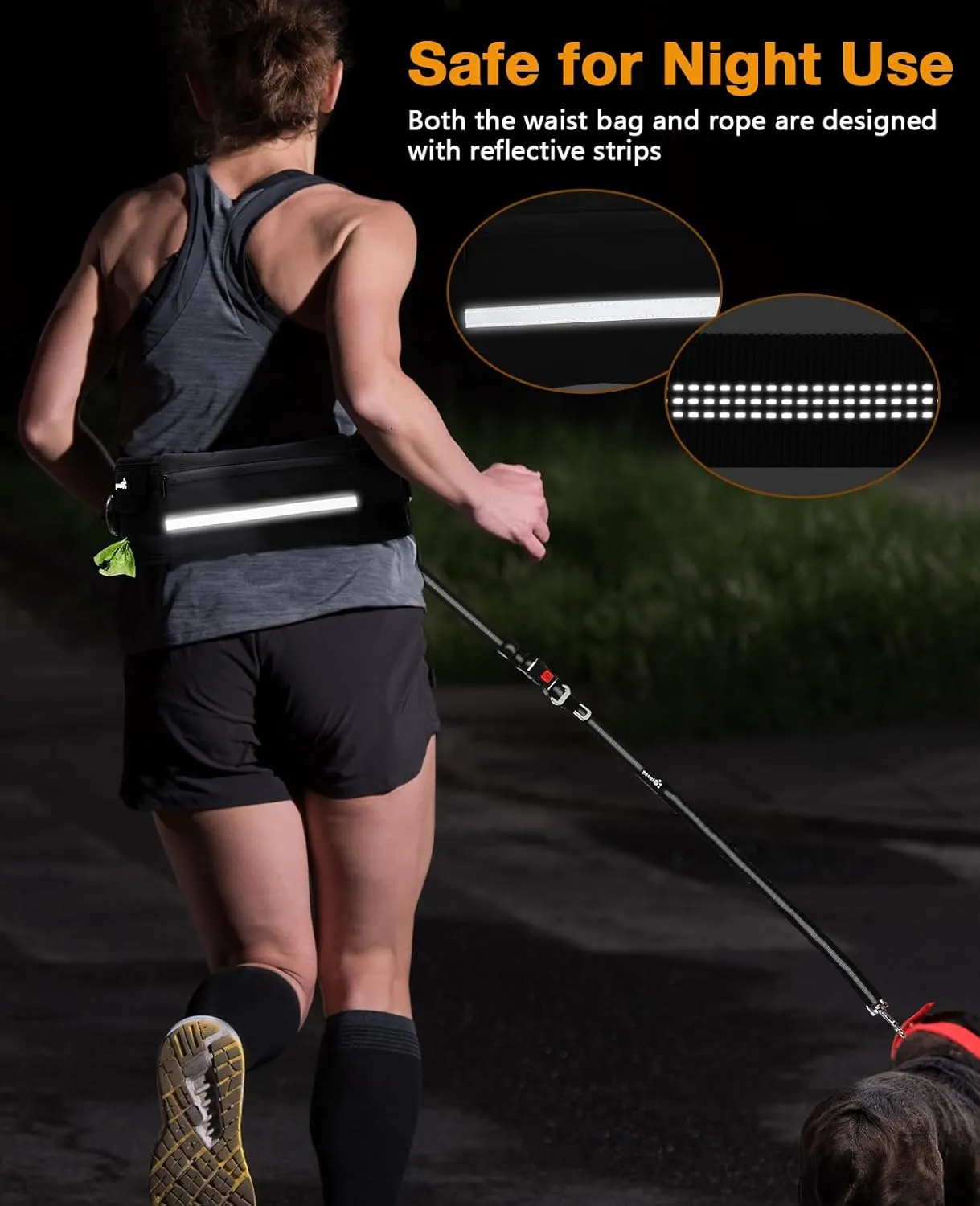 Pecute Hands Free Dog Leash with Pouch, Waist Belt Fanny Pack with Soft Pads, Dual Padded Handles and Durable Bungee for Walking, Hiking, Jogging Biking,Running,Black(Up to 150lbs)