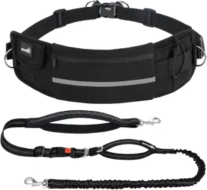 Pecute Hands Free Dog Leash with Pouch, Waist Belt Fanny Pack with Soft Pads, Dual Padded Handles and Durable Bungee for Walking, Hiking, Jogging Biking,Running,Black(Up to 150lbs)