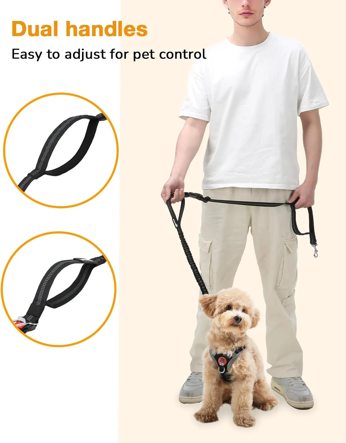 Pecute Hands Free Dog Leash with Pouch, Waist Belt Fanny Pack with Soft Pads, Dual Padded Handles and Durable Bungee for Walking, Hiking, Jogging Biking,Running,Black(Up to 150lbs)
