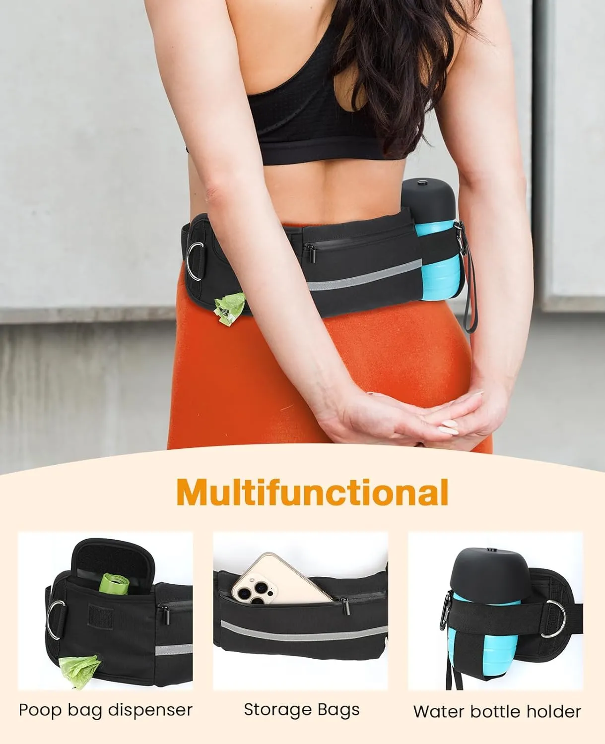 Pecute Hands Free Dog Leash with Pouch, Waist Belt Fanny Pack with Soft Pads, Dual Padded Handles and Durable Bungee for Walking, Hiking, Jogging Biking,Running,Black(Up to 150lbs)
