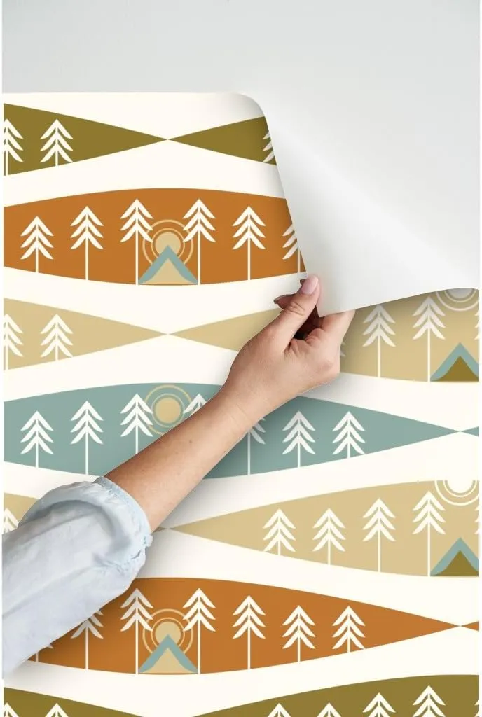 Peel & Stick Wallpaper 3ft x 2ft - Camping Earth Tones Adventure Exploration Great Outdoors Tents Trees Nature Sunrise Sunset Red Beige Custom Removable Wallpaper by Spoonflower