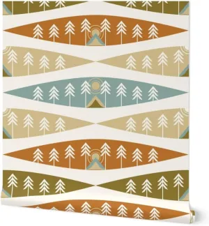 Peel & Stick Wallpaper 3ft x 2ft - Camping Earth Tones Adventure Exploration Great Outdoors Tents Trees Nature Sunrise Sunset Red Beige Custom Removable Wallpaper by Spoonflower