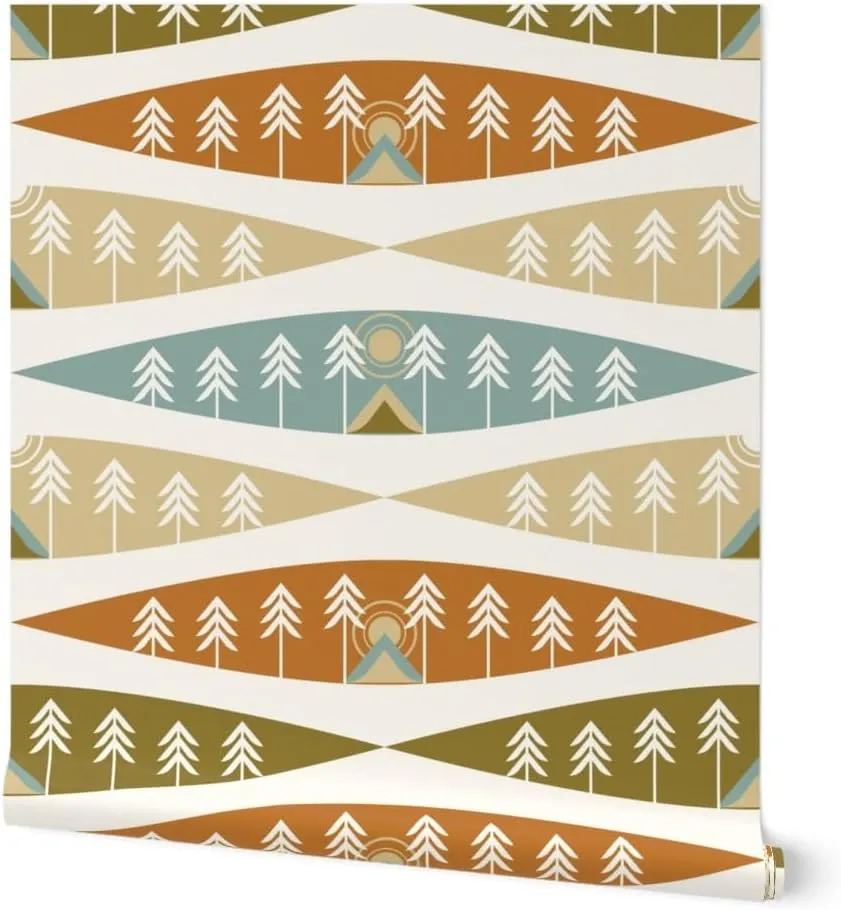 Peel & Stick Wallpaper 3ft x 2ft - Camping Earth Tones Adventure Exploration Great Outdoors Tents Trees Nature Sunrise Sunset Red Beige Custom Removable Wallpaper by Spoonflower