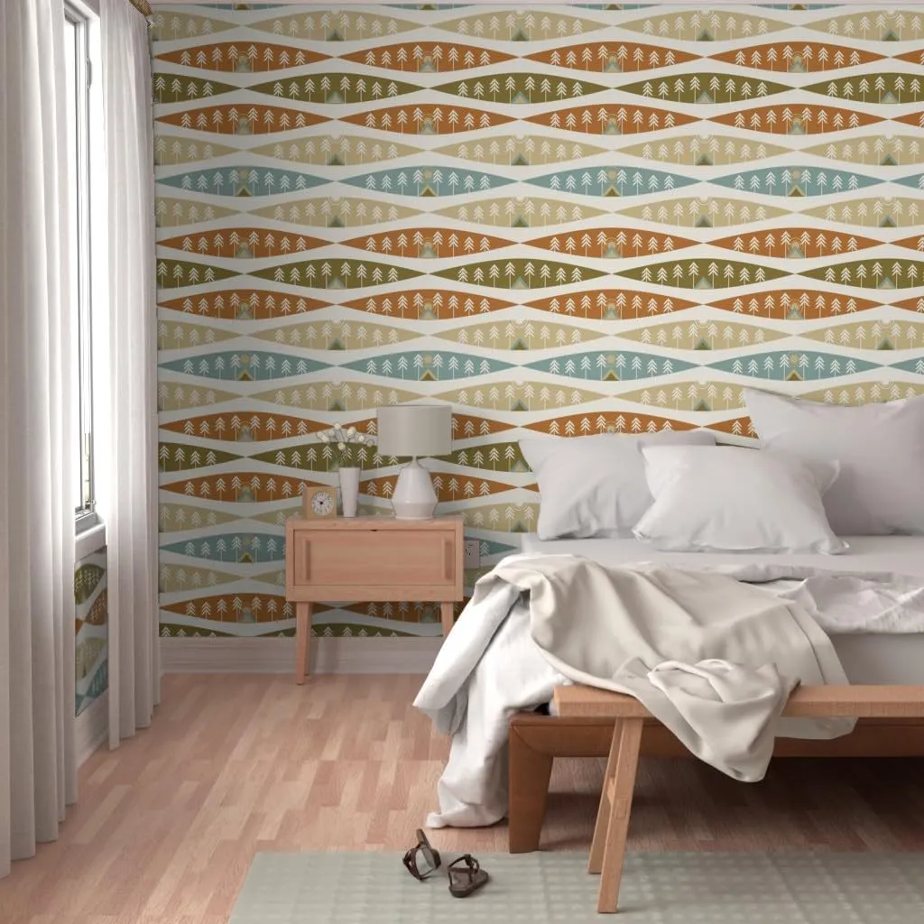 Peel & Stick Wallpaper 3ft x 2ft - Camping Earth Tones Adventure Exploration Great Outdoors Tents Trees Nature Sunrise Sunset Red Beige Custom Removable Wallpaper by Spoonflower