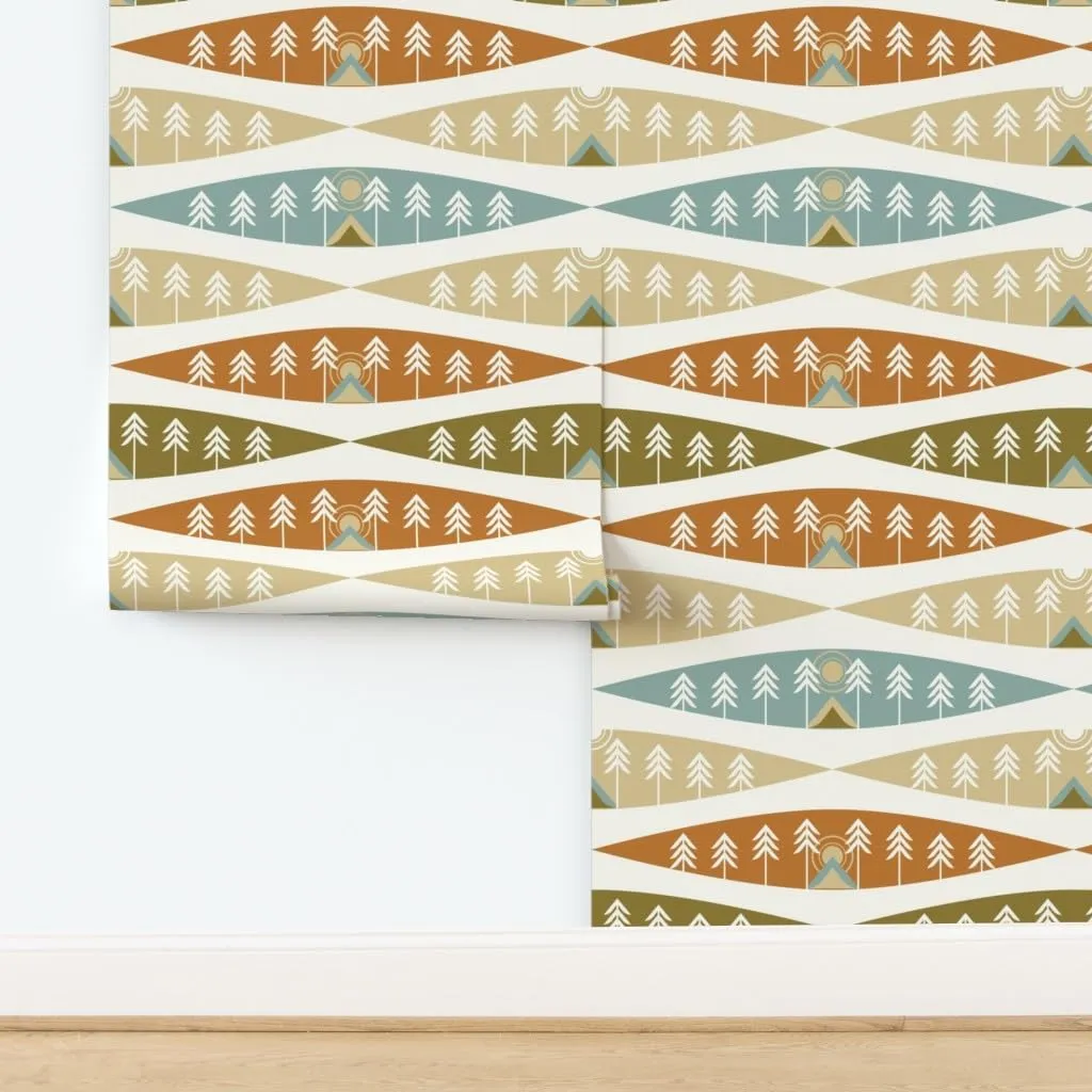 Peel & Stick Wallpaper 3ft x 2ft - Camping Earth Tones Adventure Exploration Great Outdoors Tents Trees Nature Sunrise Sunset Red Beige Custom Removable Wallpaper by Spoonflower