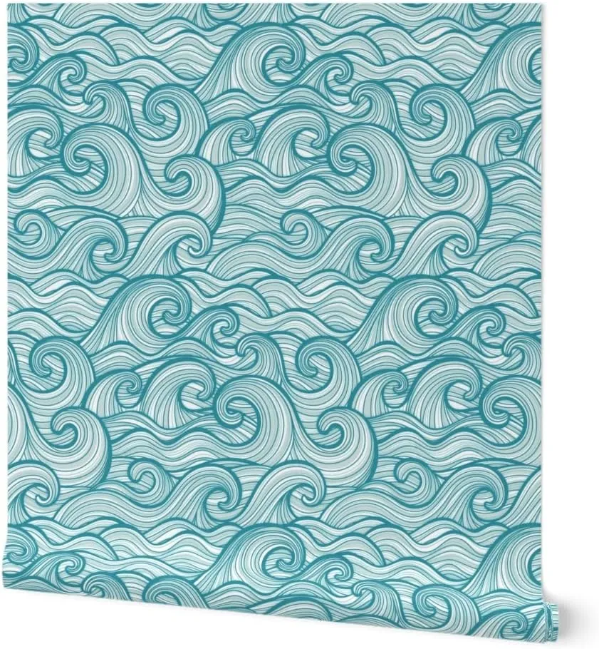 Peel & Stick Wallpaper 3ft x 2ft - Ocean Waves Beach Sea Hawaii Coastal Surfing Water Big Waves Tidal Waves Beach House Coastal Custom Removable Wallpaper by Spoonflower