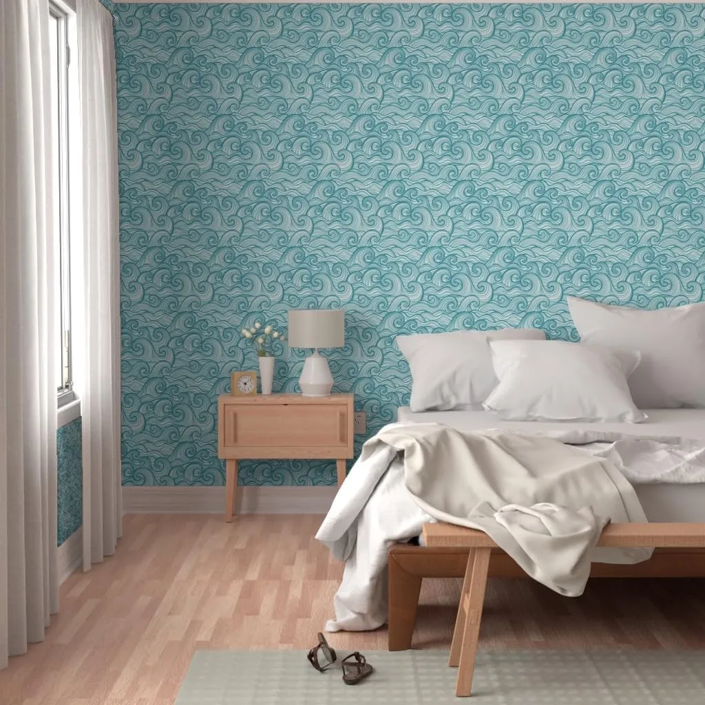 Peel & Stick Wallpaper 3ft x 2ft - Ocean Waves Beach Sea Hawaii Coastal Surfing Water Big Waves Tidal Waves Beach House Coastal Custom Removable Wallpaper by Spoonflower
