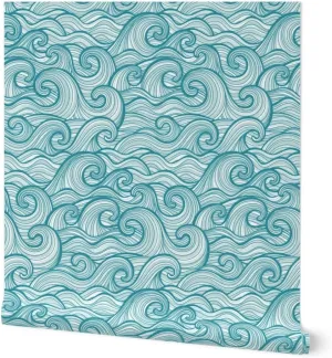 Peel & Stick Wallpaper 3ft x 2ft - Ocean Waves Beach Sea Hawaii Coastal Surfing Water Big Waves Tidal Waves Beach House Coastal Custom Removable Wallpaper by Spoonflower