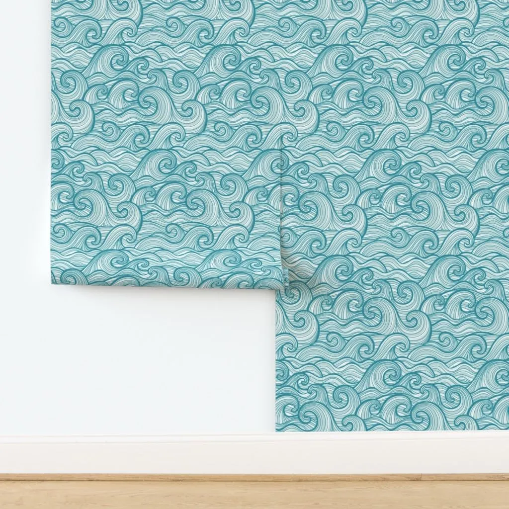 Peel & Stick Wallpaper 3ft x 2ft - Ocean Waves Beach Sea Hawaii Coastal Surfing Water Big Waves Tidal Waves Beach House Coastal Custom Removable Wallpaper by Spoonflower