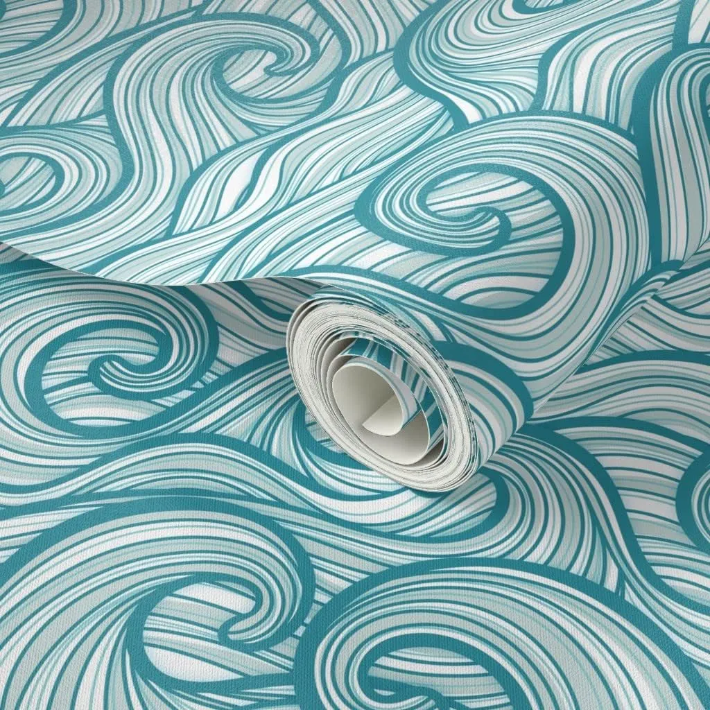 Peel & Stick Wallpaper 3ft x 2ft - Ocean Waves Beach Sea Hawaii Coastal Surfing Water Big Waves Tidal Waves Beach House Coastal Custom Removable Wallpaper by Spoonflower