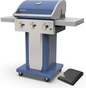 Permasteel 3-Burner Propane Gas Grill, 30,000 BTUs BBQ Grill with Cast Iron Grates, Foldable Side Tables & Tool Hooks, Outdoor Grill, Azure   Bonus Cover