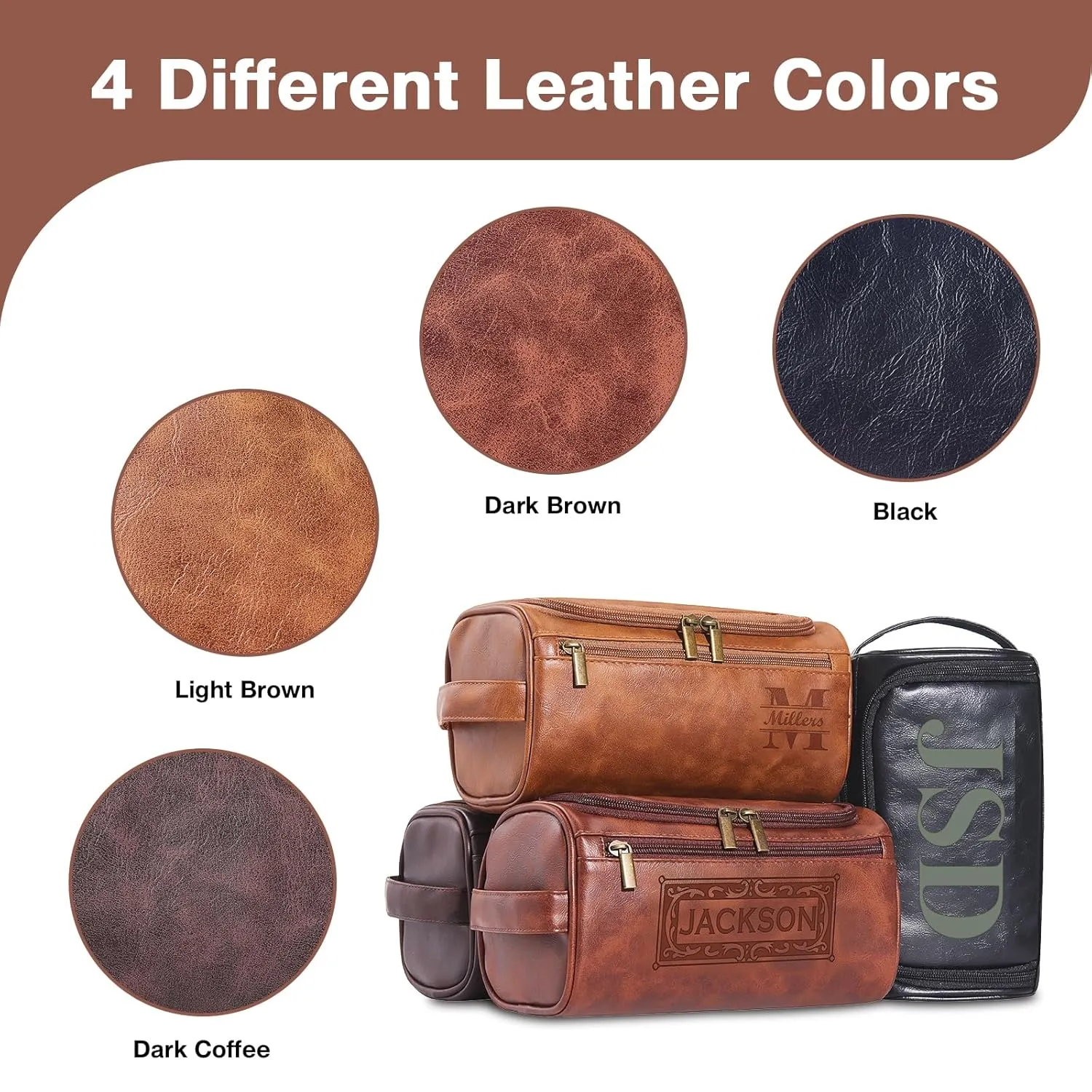 Personalized Leather Toiletry Bag For Men with Hook, Groomsmen Gifts Travel Bag Laser Engraved Name Monogram PU Leather Gift Anniversary Gift For Him Husband Father Leather Dopp Kit with Side Handle