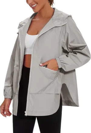 PESION Womens Waterproof Raincoat Lightweight Rain Jacket Trench Coat Hooded Windbreaker With Pockets for Outdoor
