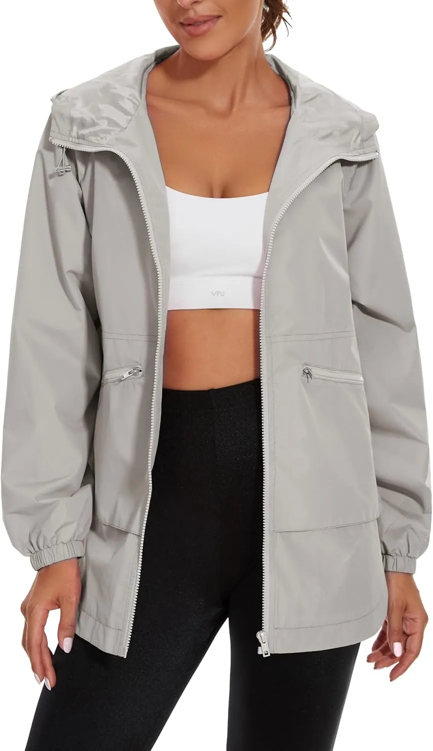 PESION Womens Waterproof Raincoat Lightweight Rain Jacket Trench Coat Hooded Windbreaker With Pockets for Outdoor