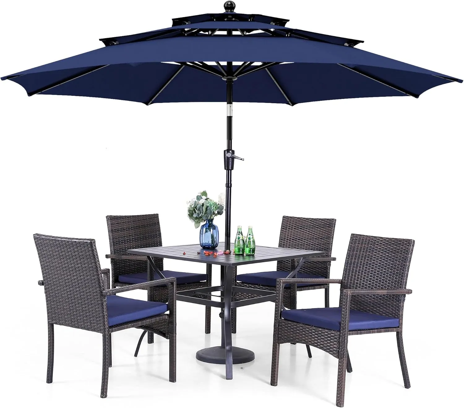 PHI VILLA 5 Piece Outdoor Dining Set with Umbrella, 37" Square Metal Dining Table & Cushioned Rattan Chairs with 10ft Blue Umbrella for Patio, Deck, Yard, Porch