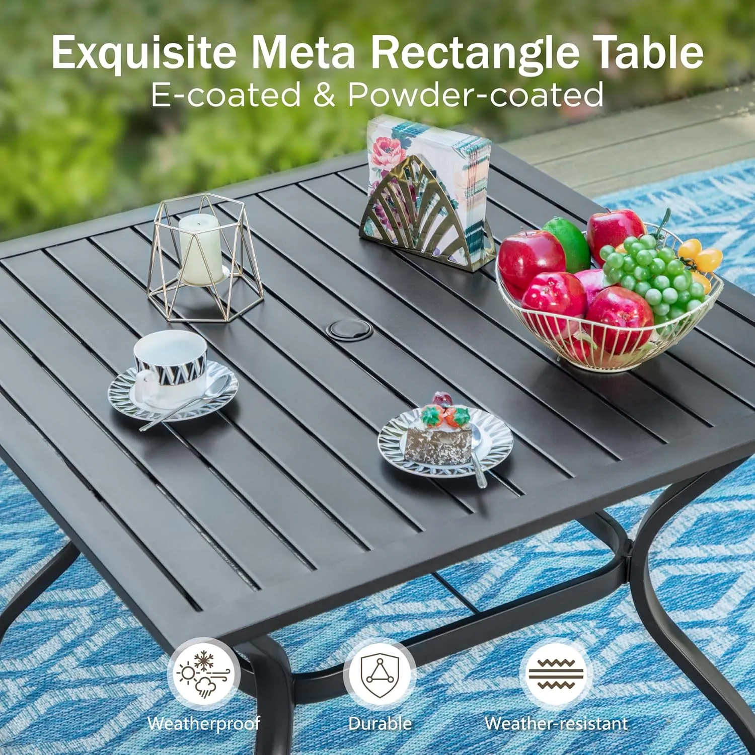 PHI VILLA 5 Piece Outdoor Dining Set with Umbrella, 37" Square Metal Dining Table & Cushioned Rattan Chairs with 10ft Blue Umbrella for Patio, Deck, Yard, Porch
