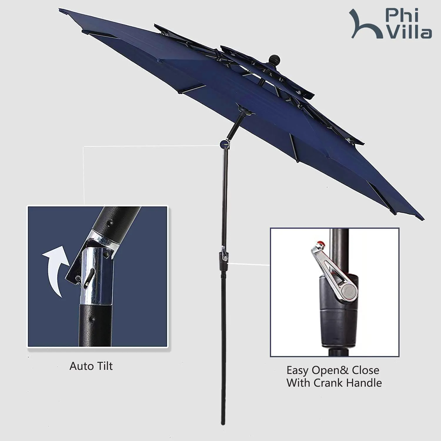 PHI VILLA 5 Piece Outdoor Dining Set with Umbrella, 37" Square Metal Dining Table & Cushioned Rattan Chairs with 10ft Blue Umbrella for Patio, Deck, Yard, Porch