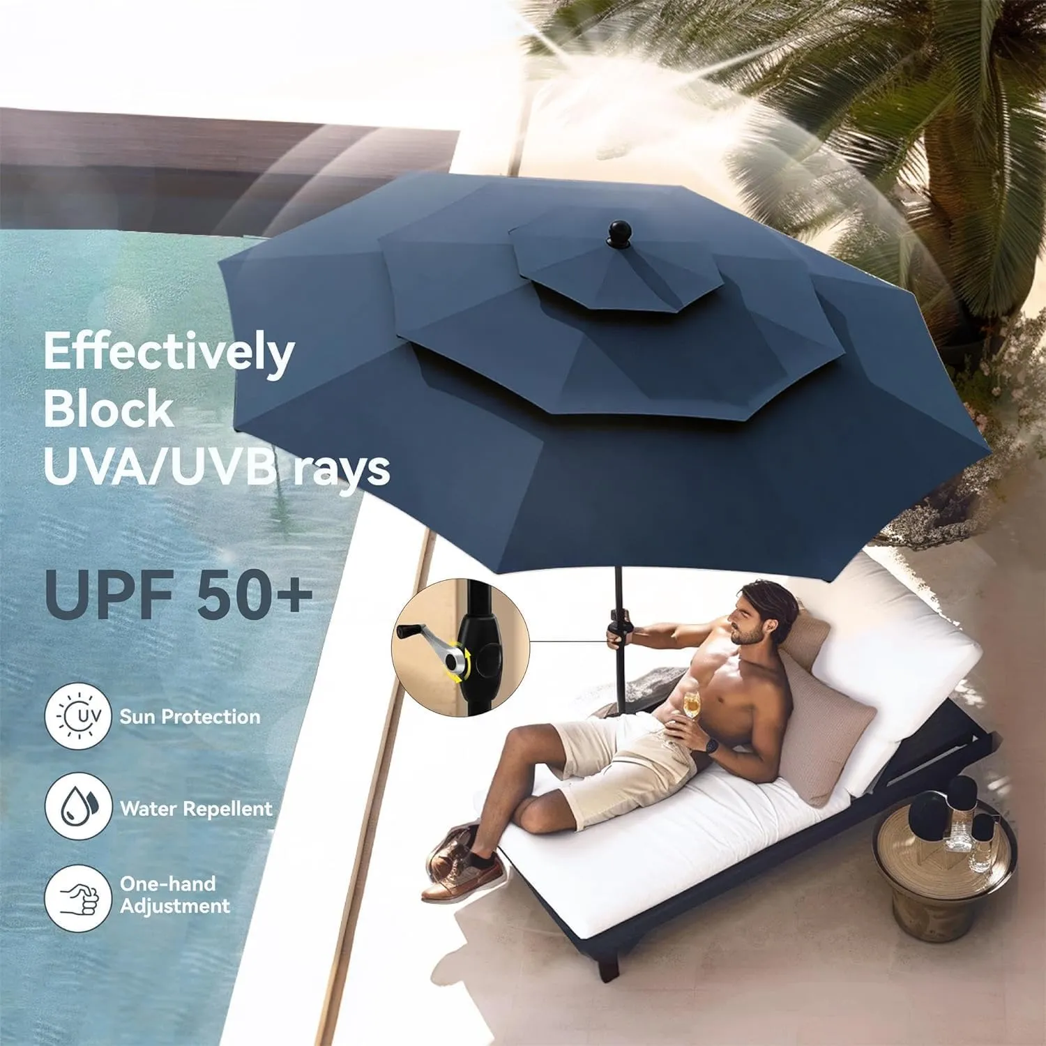 PHI VILLA 5 Piece Outdoor Dining Set with Umbrella, 37" Square Metal Dining Table & Cushioned Rattan Chairs with 10ft Blue Umbrella for Patio, Deck, Yard, Porch