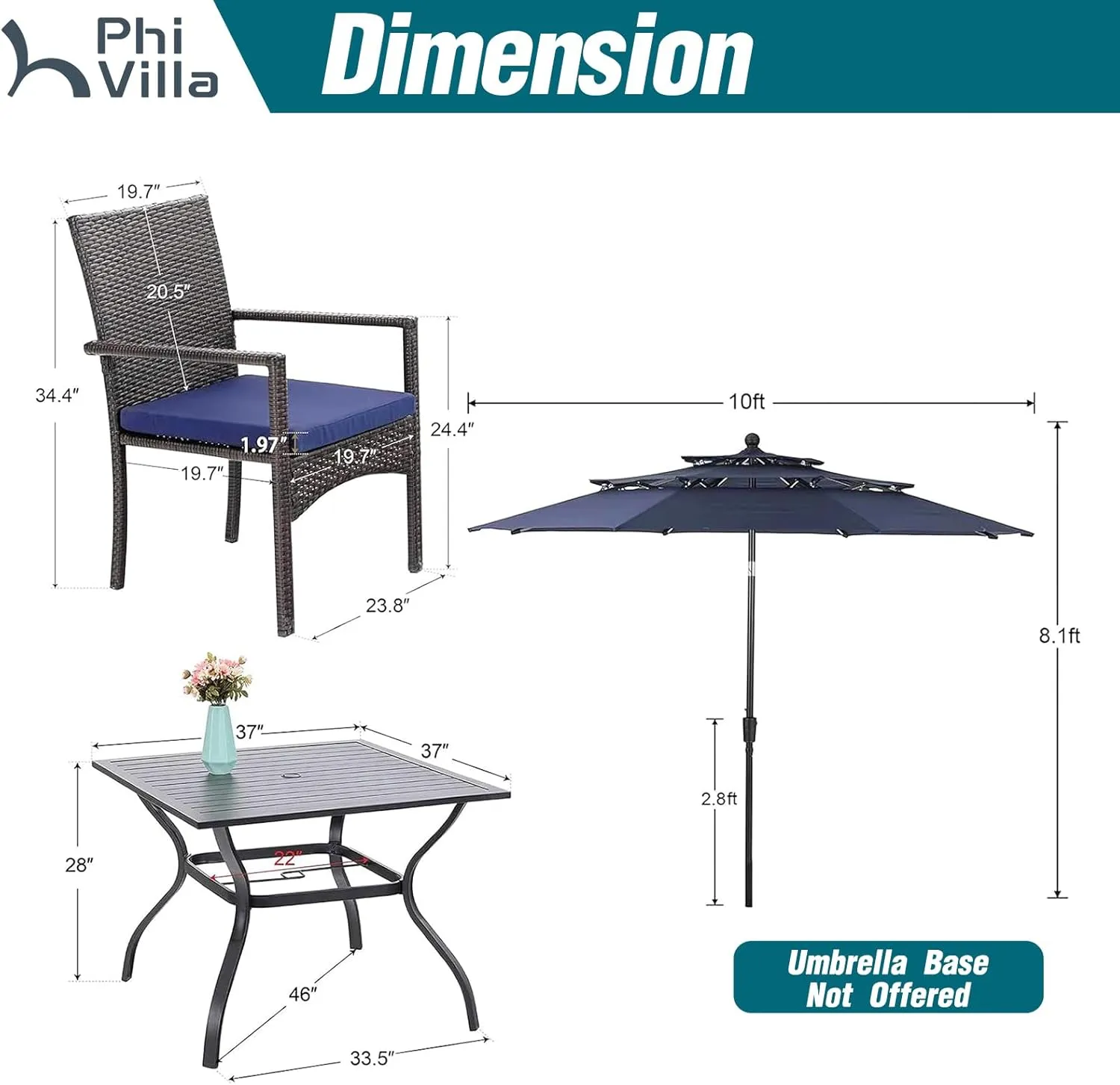 PHI VILLA 5 Piece Outdoor Dining Set with Umbrella, 37" Square Metal Dining Table & Cushioned Rattan Chairs with 10ft Blue Umbrella for Patio, Deck, Yard, Porch