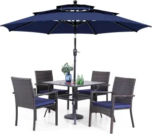 PHI VILLA 5 Piece Outdoor Dining Set with Umbrella, 37" Square Metal Dining Table & Cushioned Rattan Chairs with 10ft Blue Umbrella for Patio, Deck, Yard, Porch