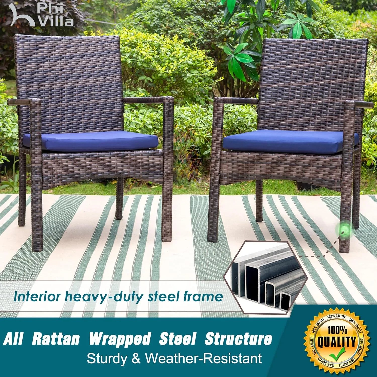 PHI VILLA 5 Piece Outdoor Dining Set with Umbrella, 37" Square Metal Dining Table & Cushioned Rattan Chairs with 10ft Blue Umbrella for Patio, Deck, Yard, Porch
