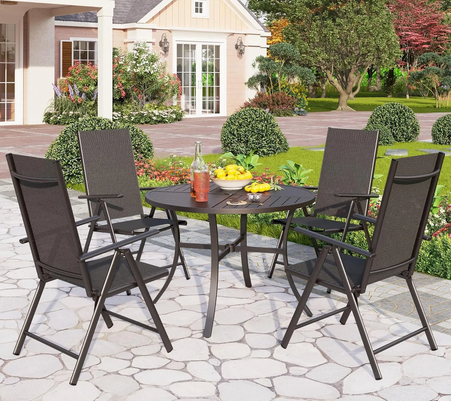 PHI VILLA Outdoor Patio Folding Chairs Set of 2, Portable Patio Dining Chairs with Adjustable Backrest for Outside, Garden, Lawn & Yard, No Assembly, Black
