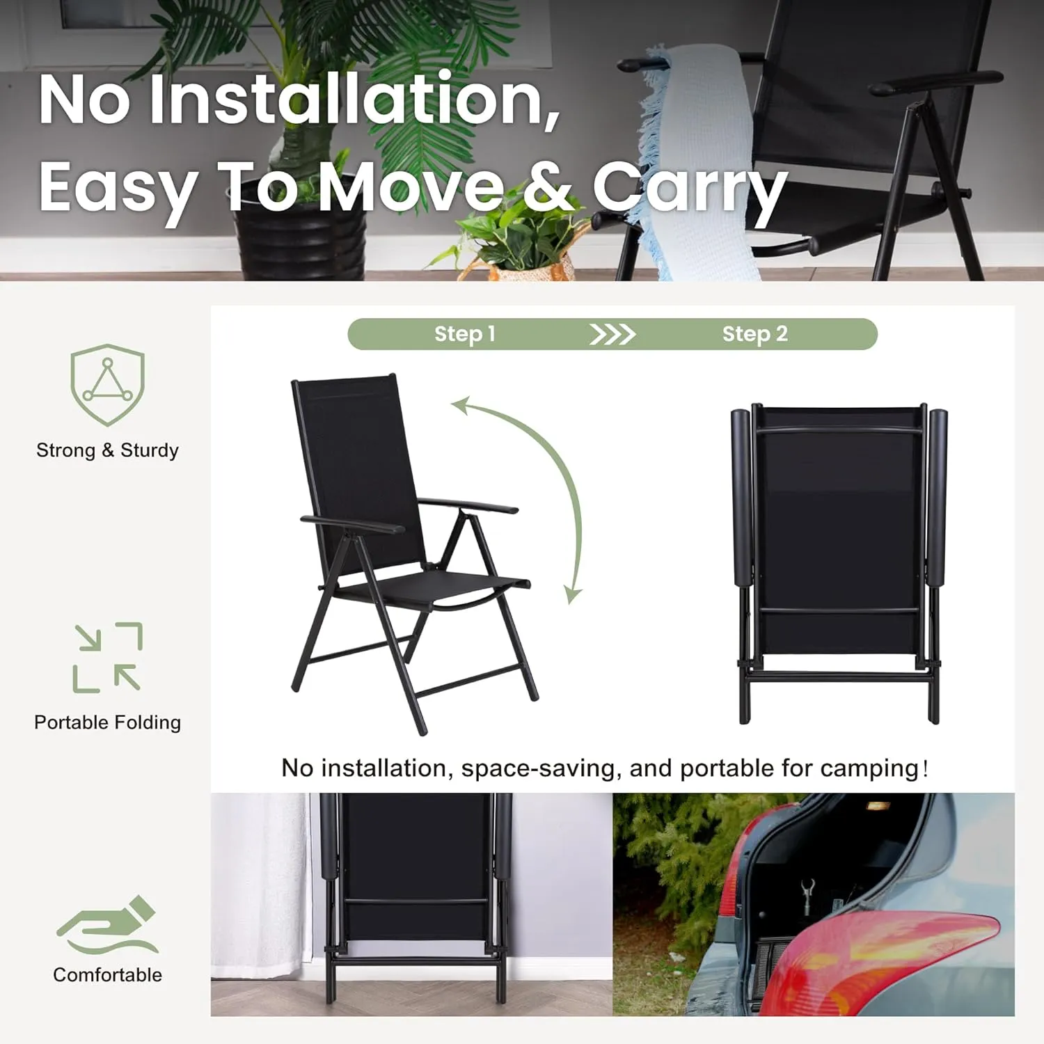 PHI VILLA Outdoor Patio Folding Chairs Set of 2, Portable Patio Dining Chairs with Adjustable Backrest for Outside, Garden, Lawn & Yard, No Assembly, Black