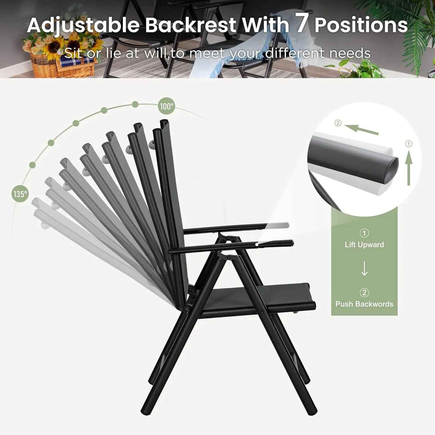 PHI VILLA Outdoor Patio Folding Chairs Set of 2, Portable Patio Dining Chairs with Adjustable Backrest for Outside, Garden, Lawn & Yard, No Assembly, Black