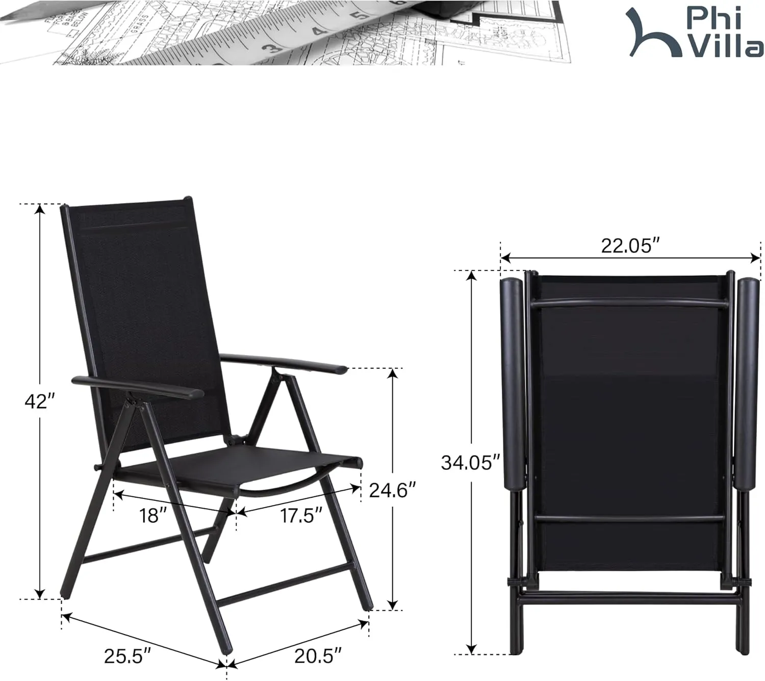 PHI VILLA Outdoor Patio Folding Chairs Set of 2, Portable Patio Dining Chairs with Adjustable Backrest for Outside, Garden, Lawn & Yard, No Assembly, Black