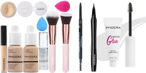 PHOERA Foundation,Full Coverage Foundation,PHOERA Primer,PHOERA Powder,PHOERA Concealer PHOERA Makeup Set,PHOERA Eye Makeup Kit, Include Eyebrow Pencil,Eyeliner and Eyebrow Gel Clear