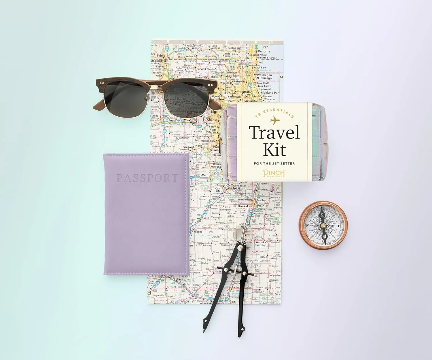 Pinch Provisions Pastel Aura Travel Kit, 18 Must-Have Travel Essentials, Ideal Road Trip or Airport Gift for Friends, Family & Peers, Portable Compact Zipper Pouch