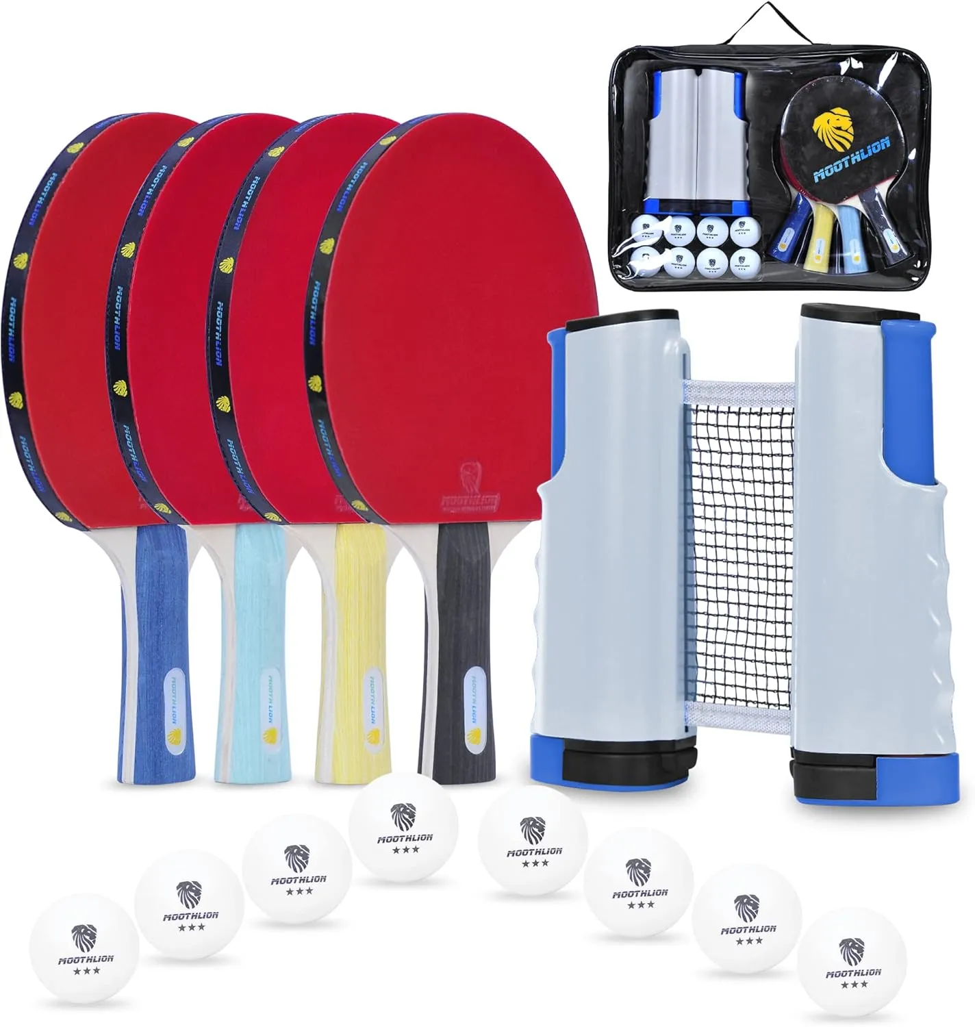 Ping Pong Paddle Set, Portable Table Tennis Paddles, with Retractable Net, 4 Table Tennis Rackets, 8 Balls, Indoor and Outdoor Play Accessories Kit, Compact Storage Case
