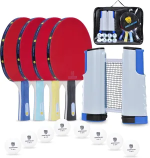 Ping Pong Paddle Set, Portable Table Tennis Paddles, with Retractable Net, 4 Table Tennis Rackets, 8 Balls, Indoor and Outdoor Play Accessories Kit, Compact Storage Case
